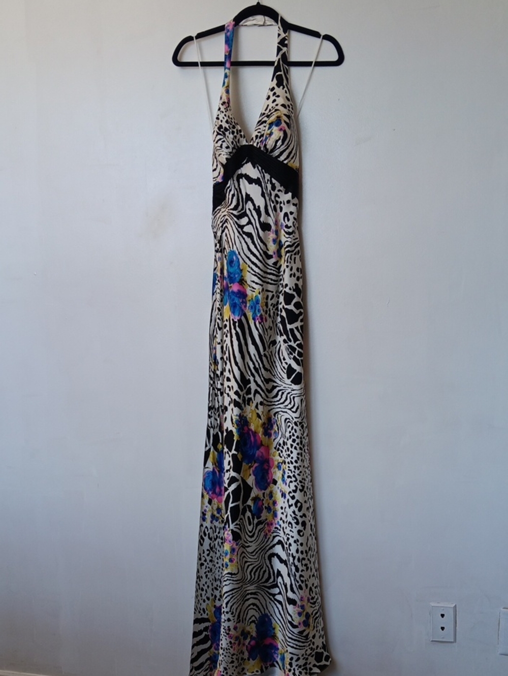 La Femme Black and White Zebra Floral Maxi Dress with Blue Accents